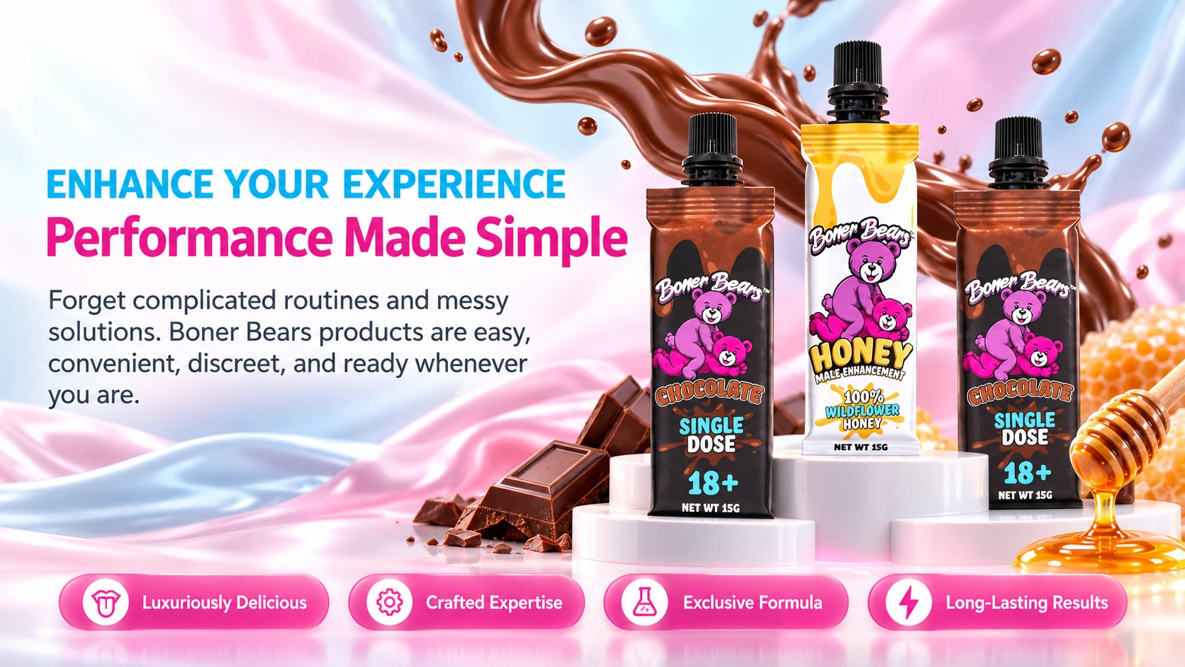 Boner Bears chocolate and wildflower honey single-dose sachets — easy, convenient and discreet