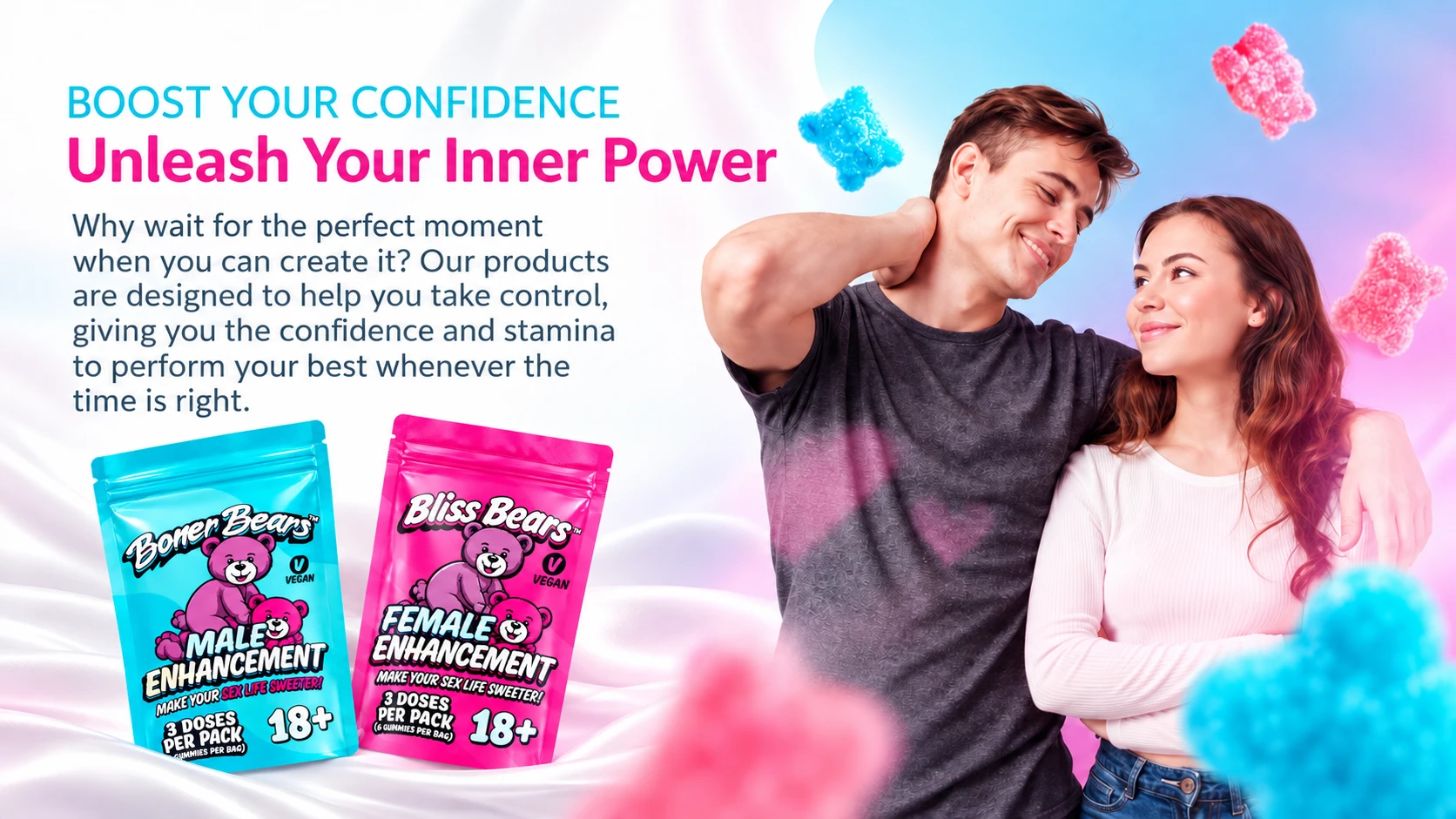 A couple with Boner Bears and Bliss Bears gummy packs — feel confident, energized and ready