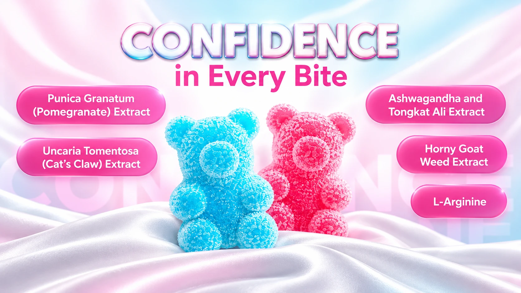 Confidence in every bite: pomegranate extract, cat's claw extract, ashwagandha and tongkat ali extract, horny goat weed extract, L-arginine